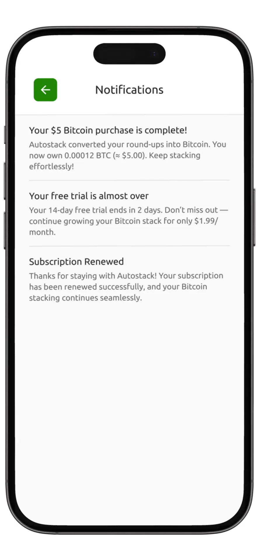 Autostack Investing app screen sowing Bitcoin purchase notifications